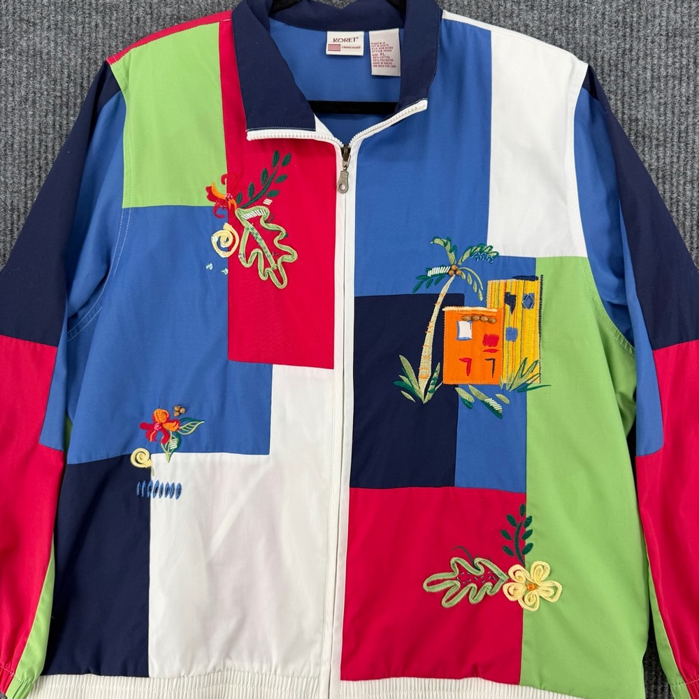 Vintage 80s 90s Novelty Colorblock Tropical Embroidered Jacket Patchwork XL